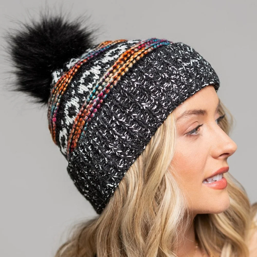 Black & Multi-Color Decorative Knit Pom Pom Beanie